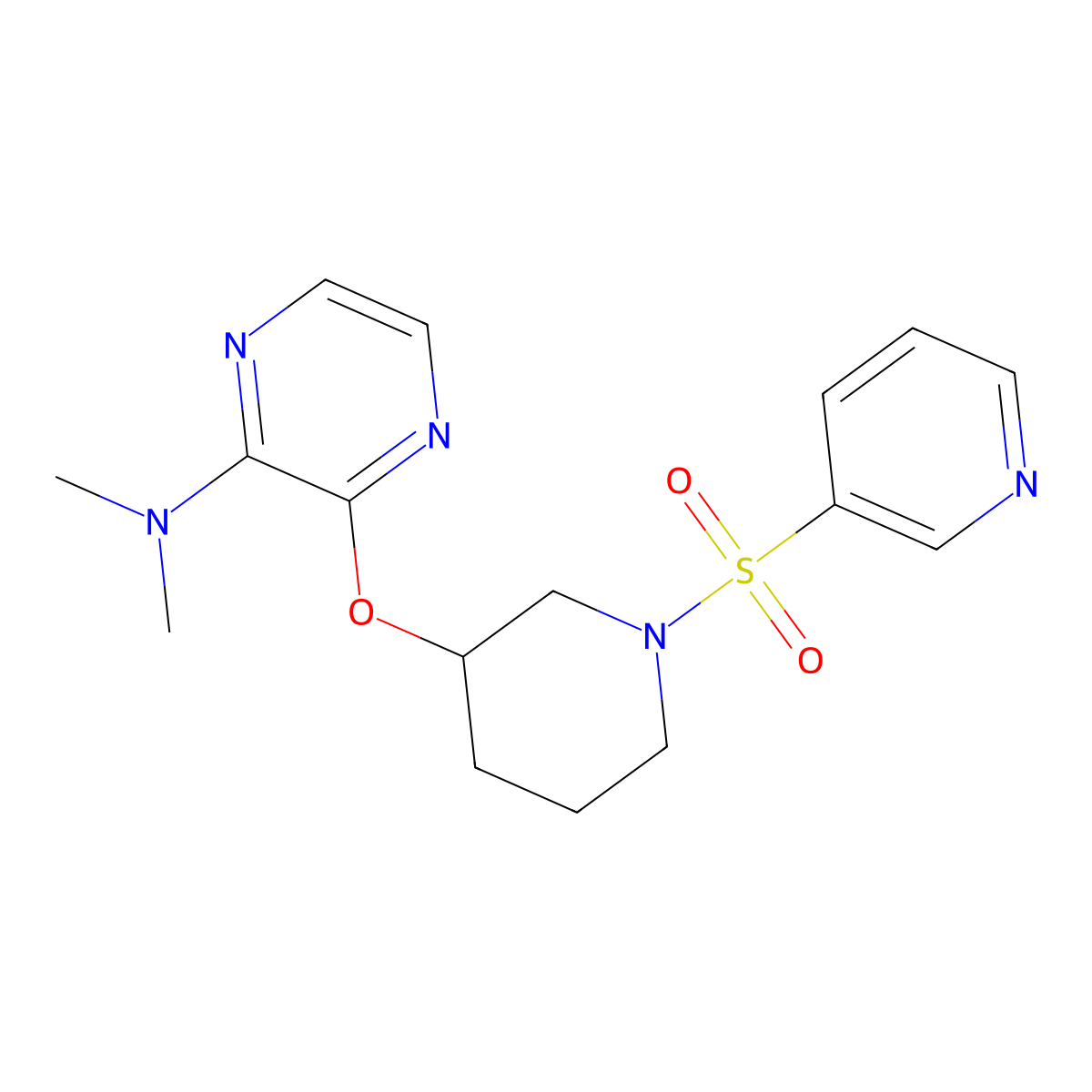N,N-dimethyl-3-((1-(pyridin-3-ylsulfonyl)piperidin-3-yl)oxy)pyrazin-2-amine molecular structure, CAS 2034439-93-3