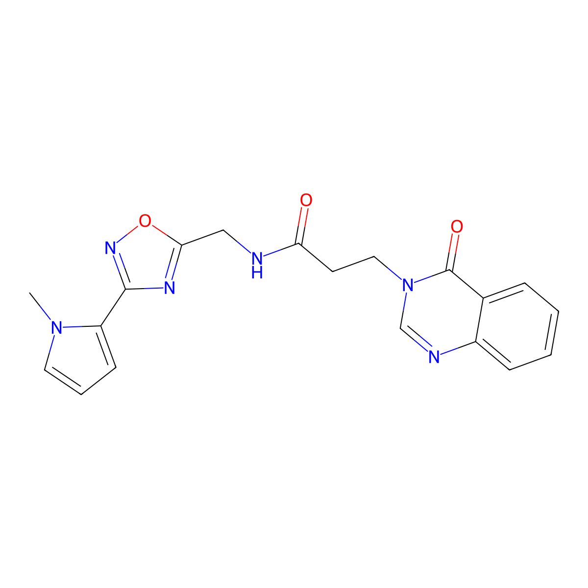N-((3-(1-methyl-1H-pyrrol-2-yl)-1,2,4-oxadiazol-5-yl)methyl)-3-(4-oxoquinazolin-3(4H)-yl)propanamide molecular structure, CAS 2034439-95-5