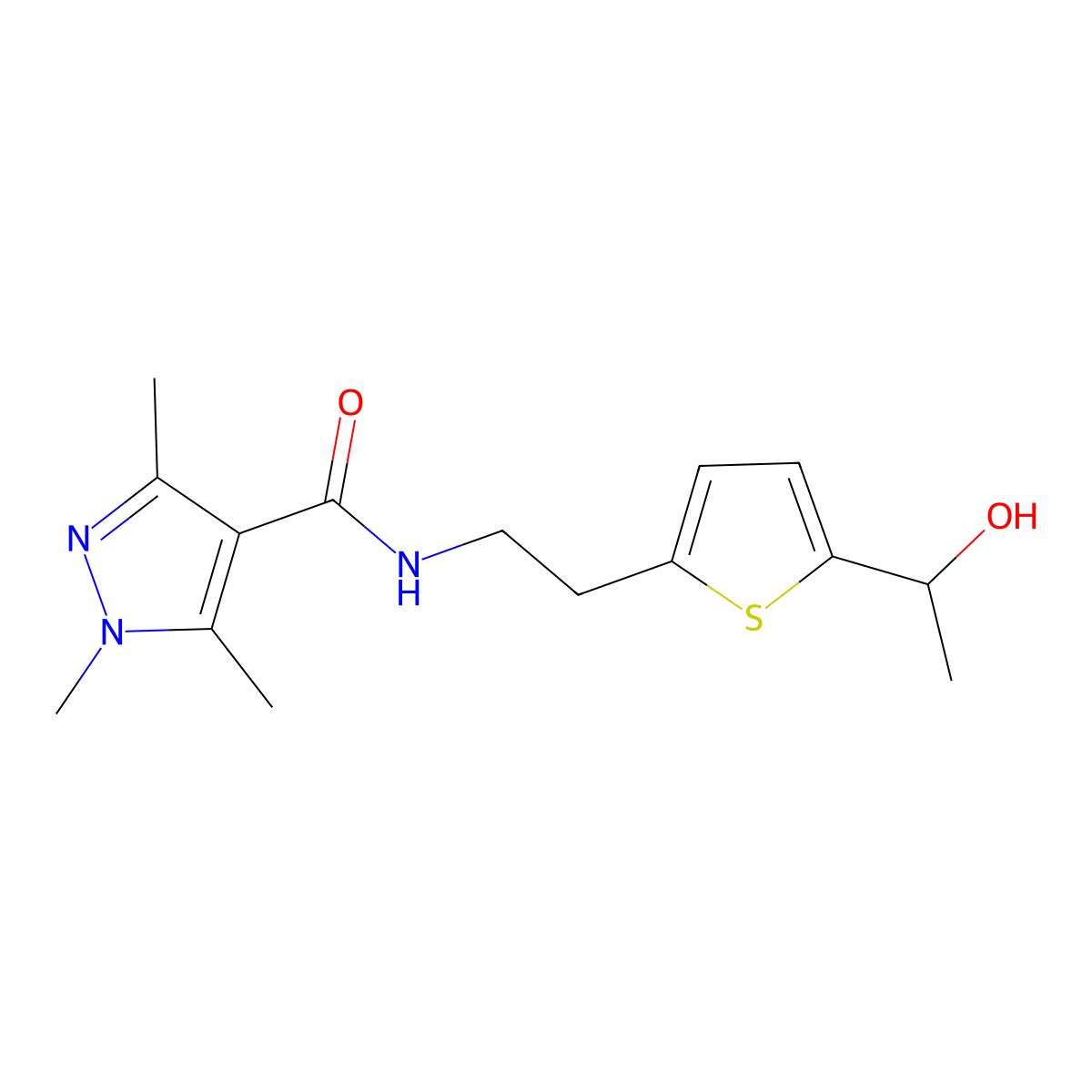 N-(2-(5-(1-hydroxyethyl)thiophen-2-yl)ethyl)-1,3,5-trimethyl-1H-pyrazole-4-carboxamide molecular structure, CAS 2034439-96-6