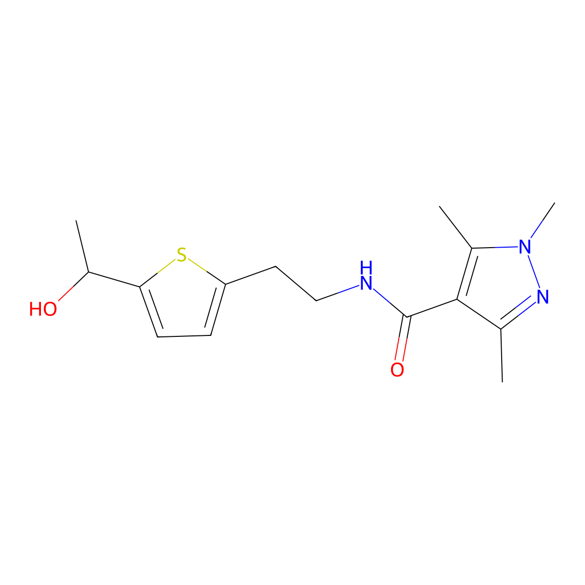 N-(2-(5-(1-hydroxyethyl)thiophen-2-yl)ethyl)-1,3,5-trimethyl-1H-pyrazole-4-carboxamide molecular structure, CAS 2034439-96-6