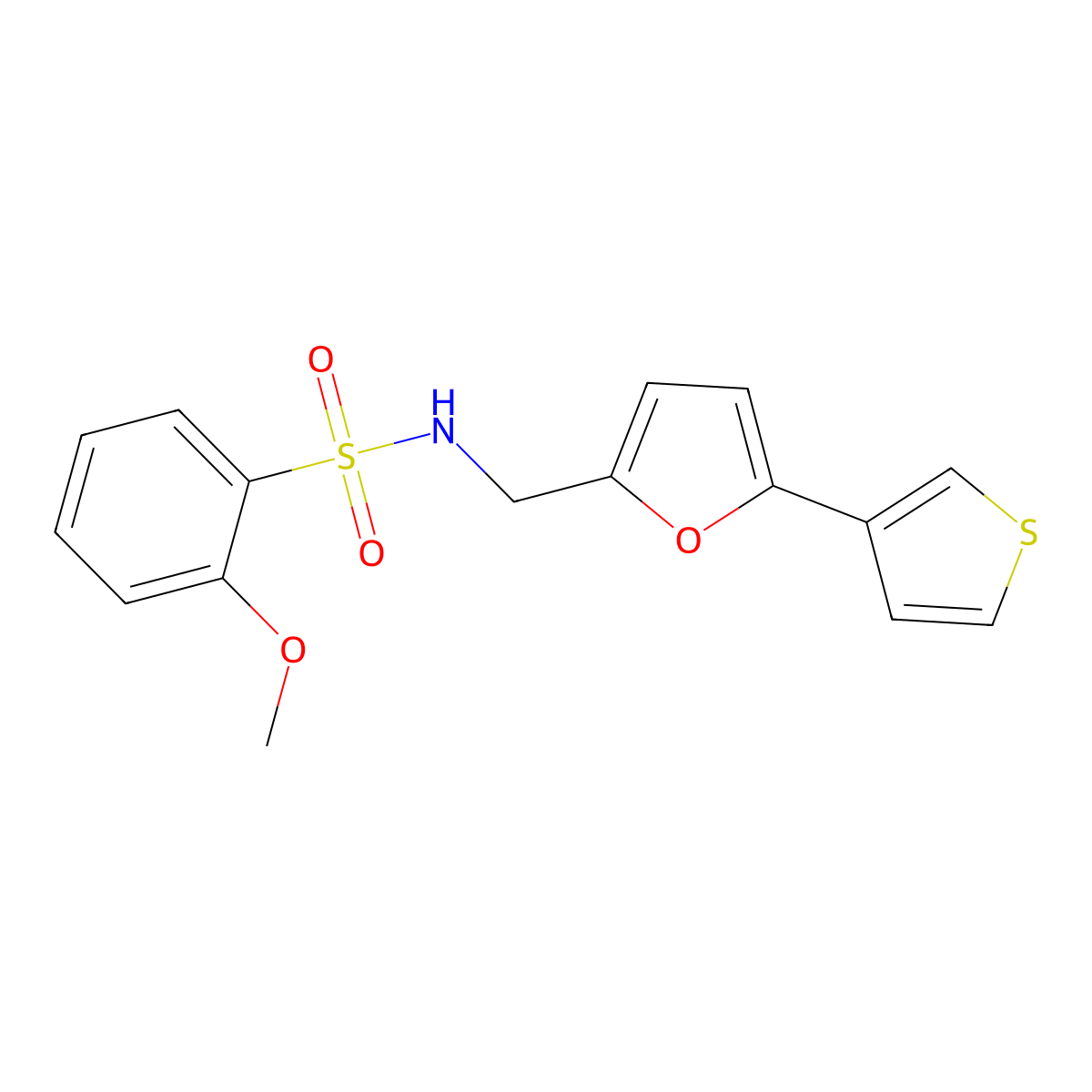 2-methoxy-N-((5-(thiophen-3-yl)furan-2-yl)methyl)benzenesulfonamide molecular structure, CAS 2034439-97-7