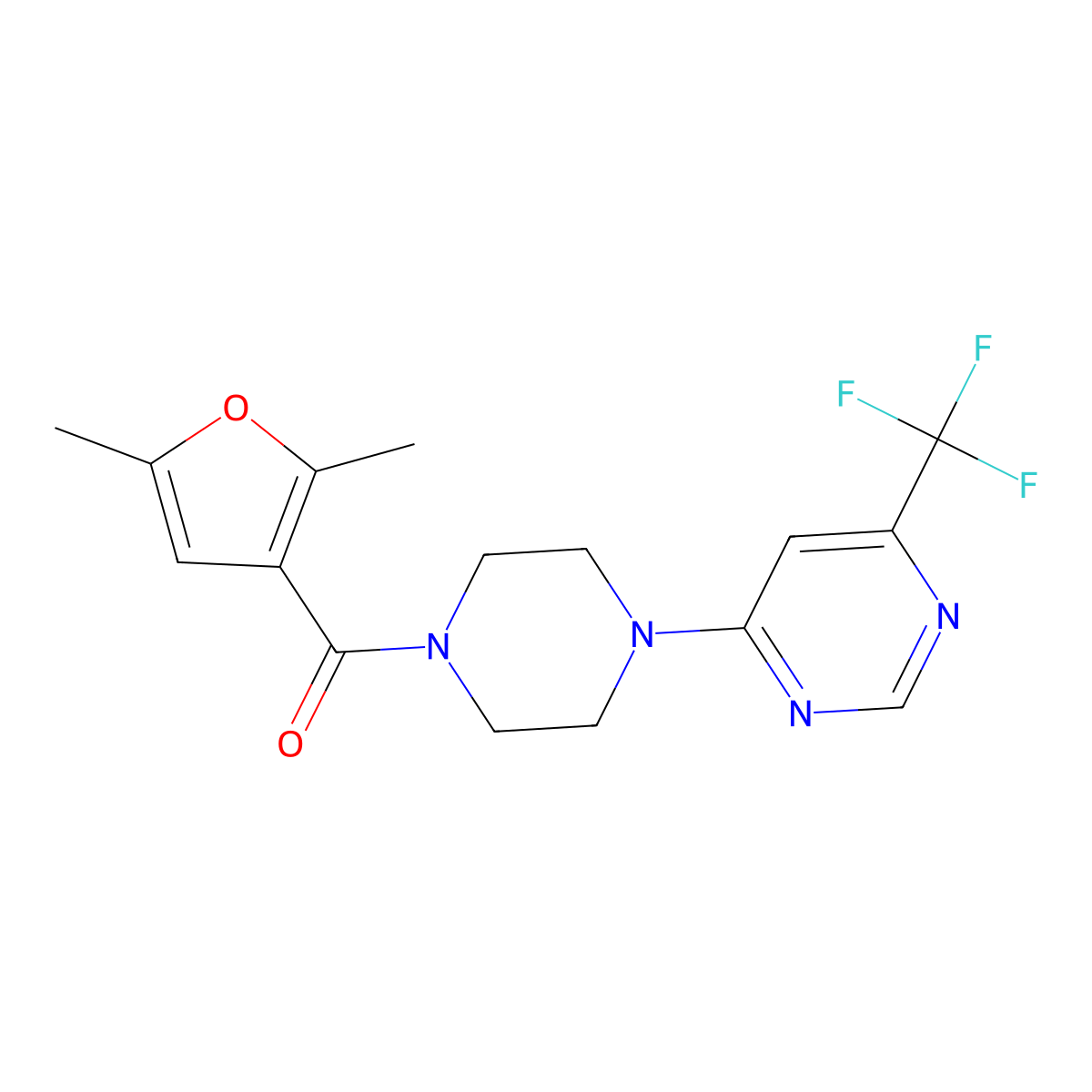 (2,5-Dimethylfuran-3-yl)(4-(6-(trifluoromethyl)pyrimidin-4-yl)piperazin-1-yl)methanone molecular structure, CAS 2034439-99-9
