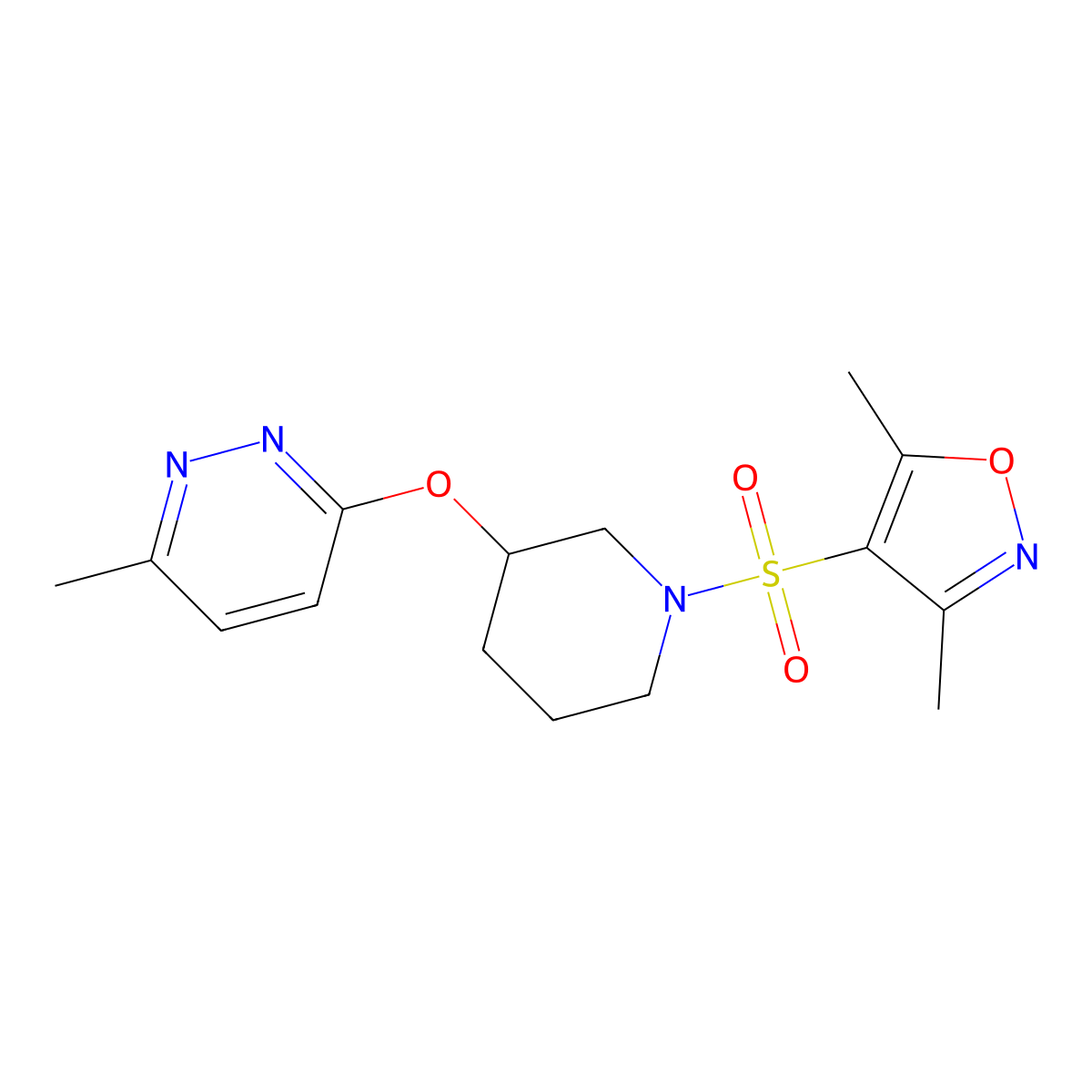 3,5-Dimethyl-4-((3-((6-methylpyridazin-3-yl)oxy)piperidin-1-yl)sulfonyl)isoxazole molecular structure, CAS 2034440-01-0