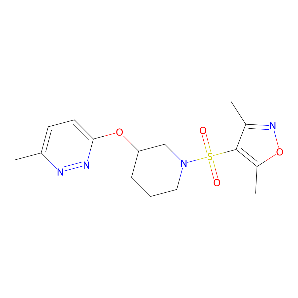 3,5-Dimethyl-4-((3-((6-methylpyridazin-3-yl)oxy)piperidin-1-yl)sulfonyl)isoxazole molecular structure, CAS 2034440-01-0