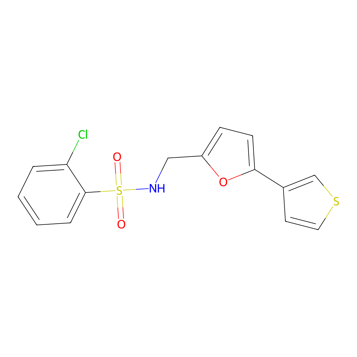 2-chloro-N-((5-(thiophen-3-yl)furan-2-yl)methyl)benzenesulfonamide molecular structure, CAS 2034440-04-3