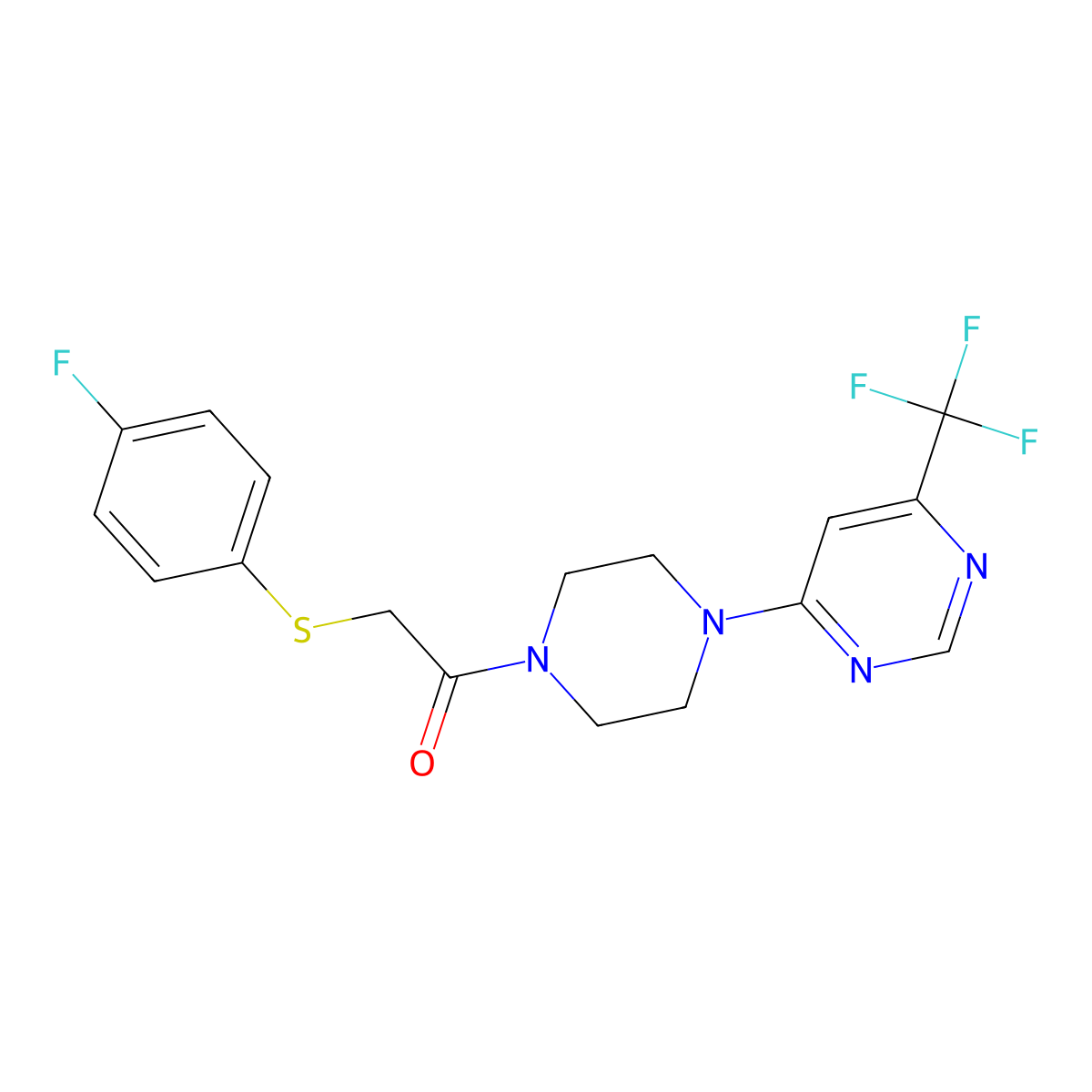 2-((4-Fluorophenyl)thio)-1-(4-(6-(trifluoromethyl)pyrimidin-4-yl)piperazin-1-yl)ethanone molecular structure, CAS 2034440-07-6
