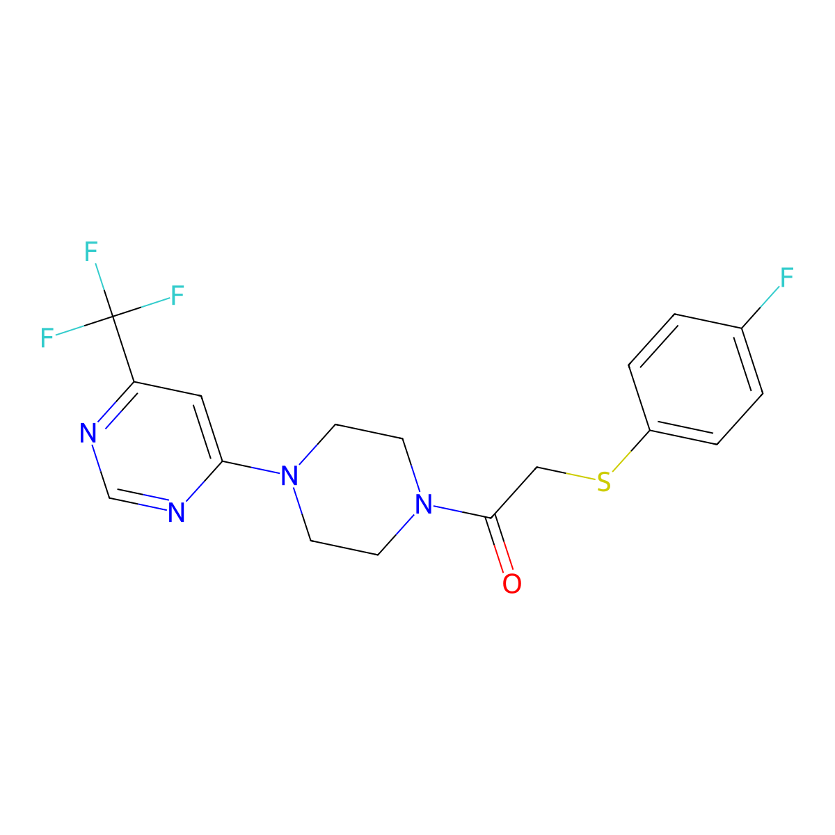 2-((4-Fluorophenyl)thio)-1-(4-(6-(trifluoromethyl)pyrimidin-4-yl)piperazin-1-yl)ethanone molecular structure, CAS 2034440-07-6