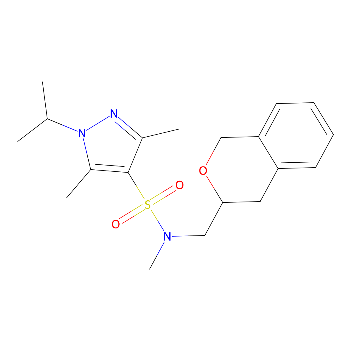 N-(isochroman-3-ylmethyl)-1-isopropyl-N,3,5-trimethyl-1H-pyrazole-4-sulfonamide molecular structure, CAS 2034440-08-7