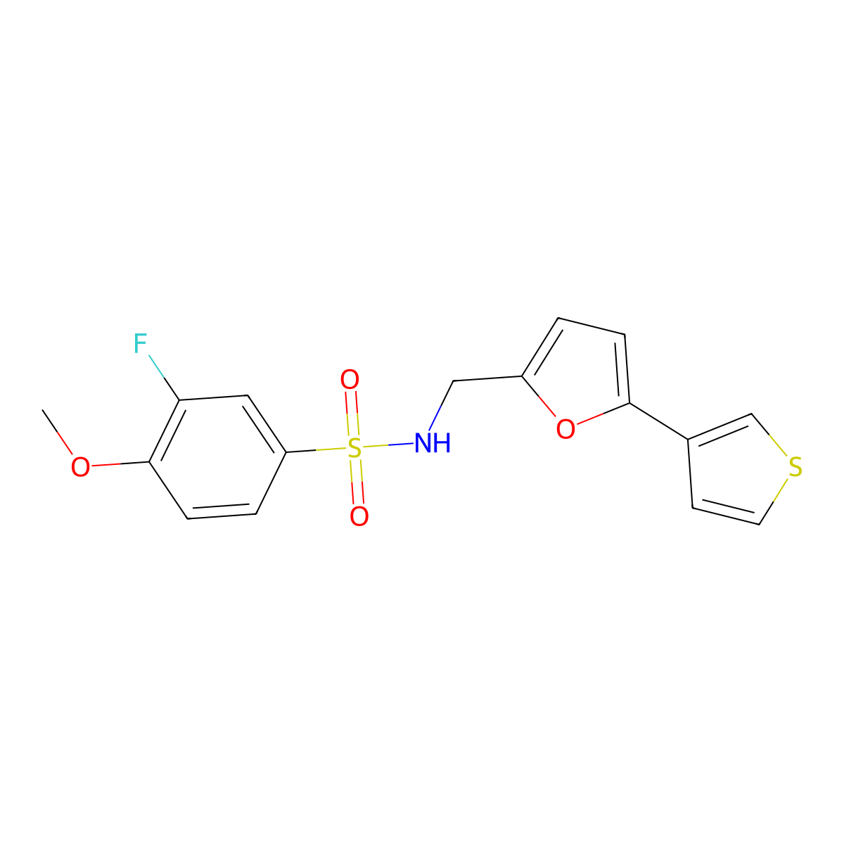 3-fluoro-4-methoxy-N-((5-(thiophen-3-yl)furan-2-yl)methyl)benzenesulfonamide molecular structure, CAS 2034440-15-6