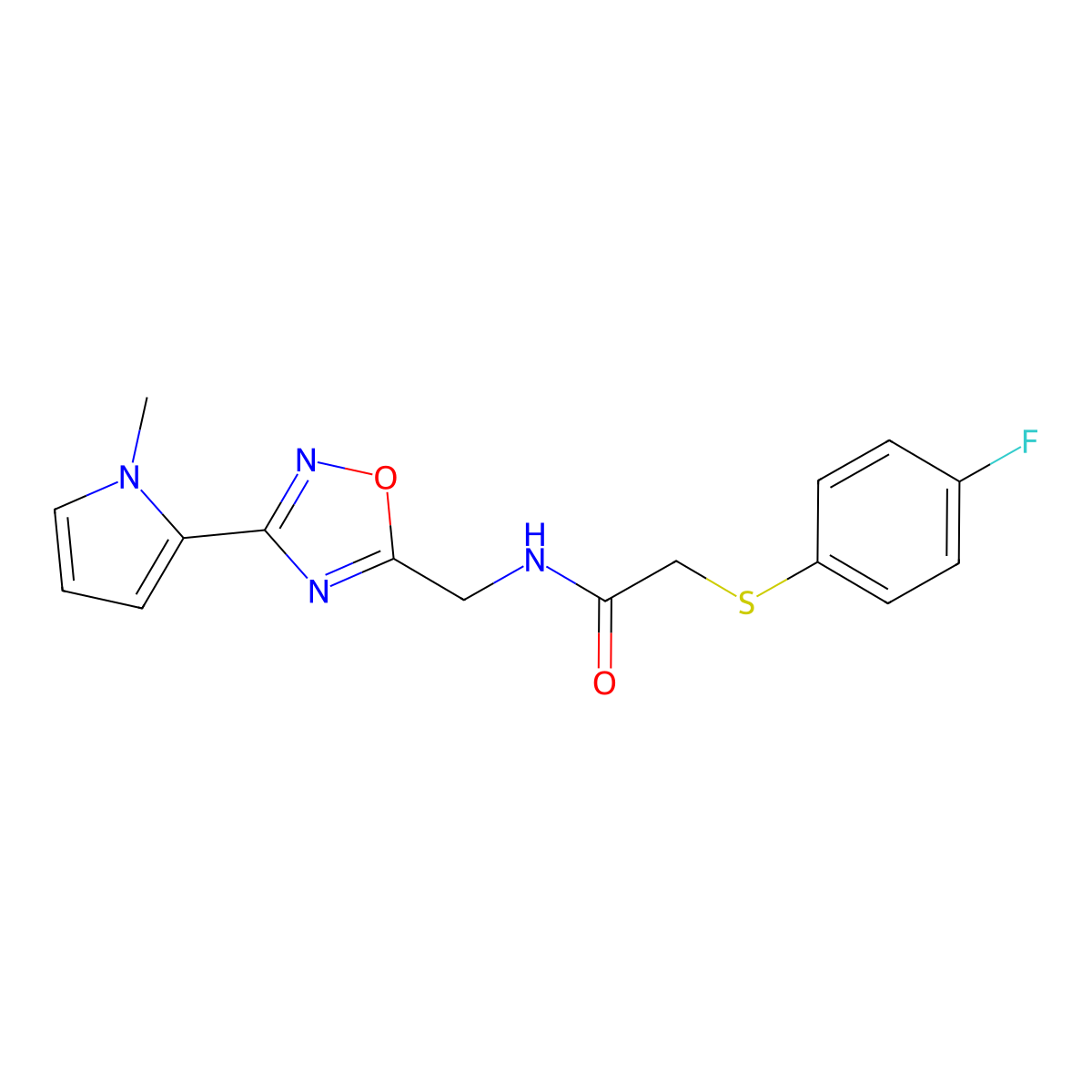 2-((4-fluorophenyl)thio)-N-((3-(1-methyl-1H-pyrrol-2-yl)-1,2,4-oxadiazol-5-yl)methyl)acetamide molecular structure, CAS 2034440-18-9