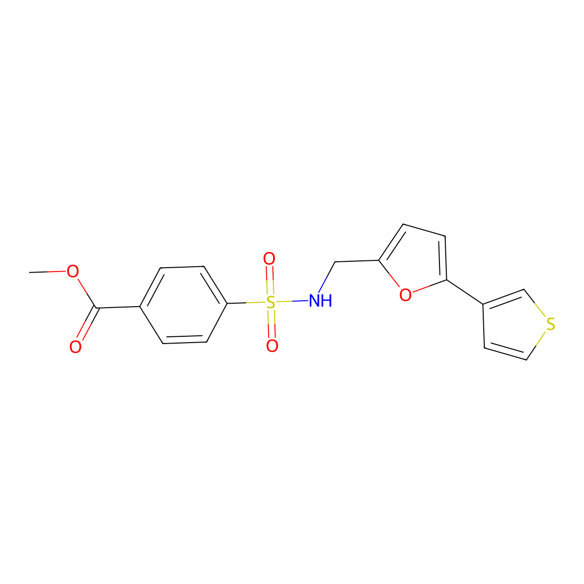 methyl 4-(N-((5-(thiophen-3-yl)furan-2-yl)methyl)sulfamoyl)benzoate molecular structure, CAS 2034440-32-7