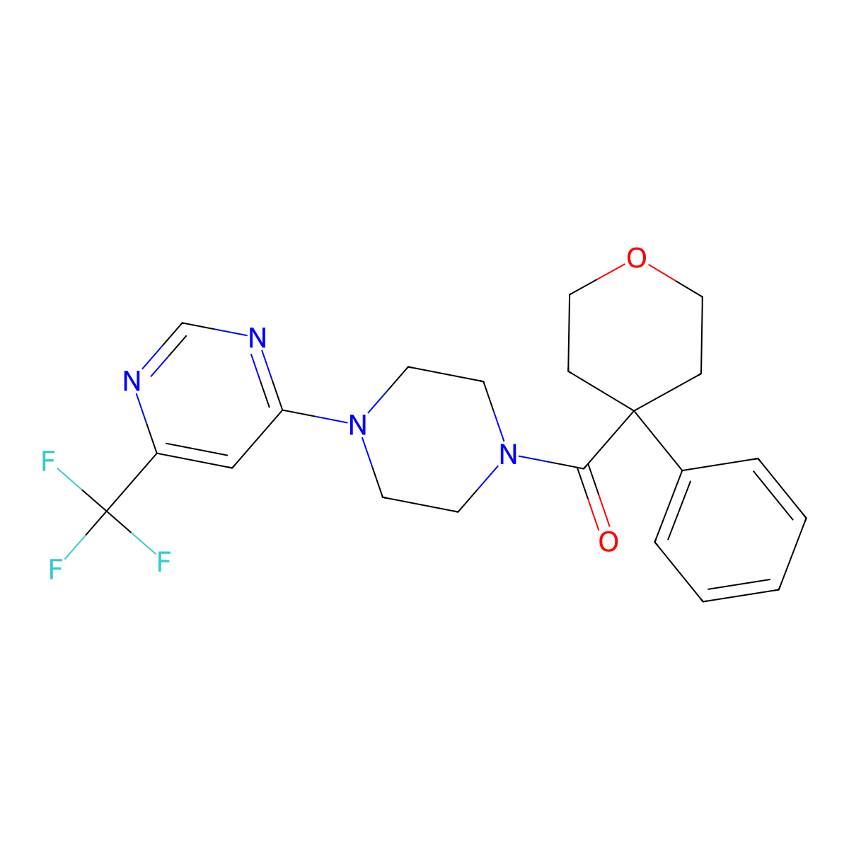 (4-phenyltetrahydro-2H-pyran-4-yl)(4-(6-(trifluoromethyl)pyrimidin-4-yl)piperazin-1-yl)methanone molecular structure, CAS 2034440-34-9