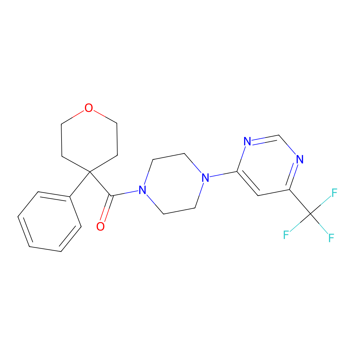 (4-phenyltetrahydro-2H-pyran-4-yl)(4-(6-(trifluoromethyl)pyrimidin-4-yl)piperazin-1-yl)methanone molecular structure, CAS 2034440-34-9