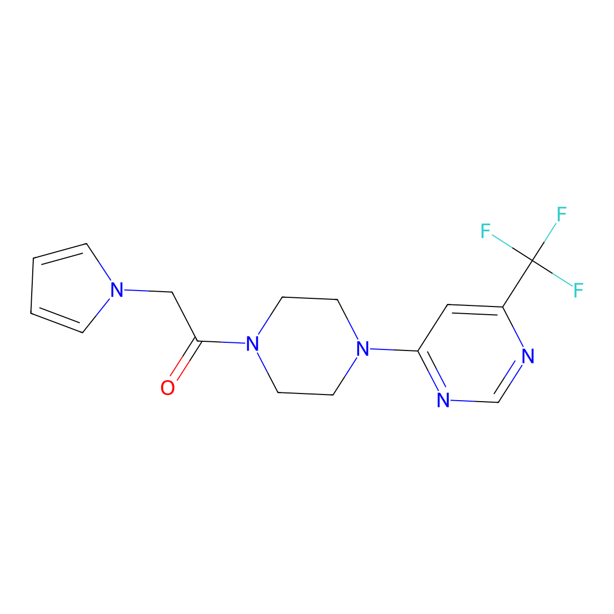 2-(1H-pyrrol-1-yl)-1-(4-(6-(trifluoromethyl)pyrimidin-4-yl)piperazin-1-yl)ethanone molecular structure, CAS 2034440-44-1