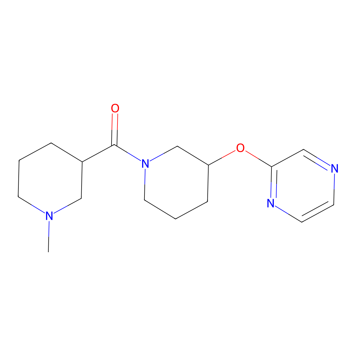 (1-Methylpiperidin-3-yl)(3-(pyrazin-2-yloxy)piperidin-1-yl)methanone molecular structure, CAS 2034440-52-1