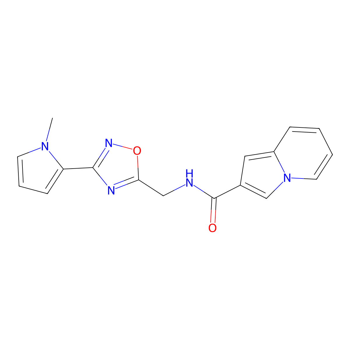 N-{[3-(1-methyl-1H-pyrrol-2-yl)-1,2,4-oxadiazol-5-yl]methyl}indolizine-2-carboxamide molecular structure, CAS 2034440-60-1