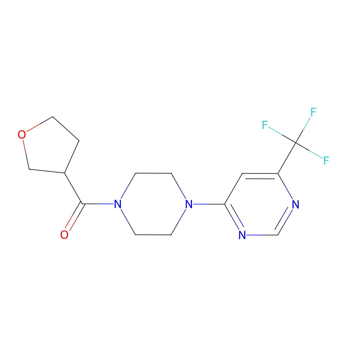 (Tetrahydrofuran-3-yl)(4-(6-(trifluoromethyl)pyrimidin-4-yl)piperazin-1-yl)methanone molecular structure, CAS 2034440-83-8