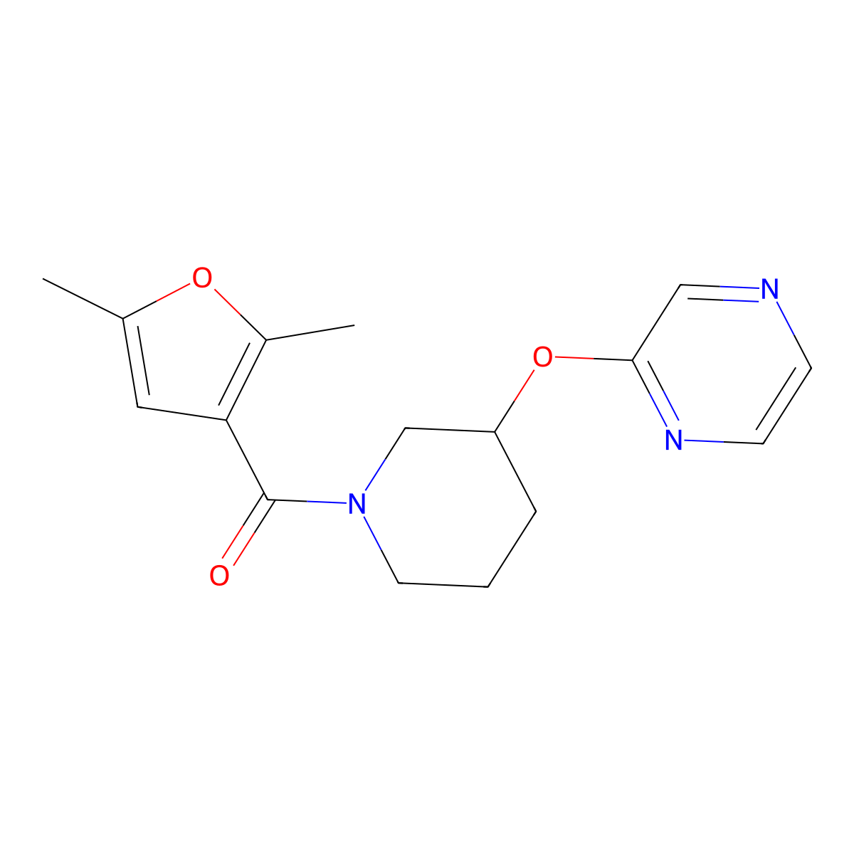 (2,5-Dimethylfuran-3-yl)(3-(pyrazin-2-yloxy)piperidin-1-yl)methanone molecular structure, CAS 2034440-86-1