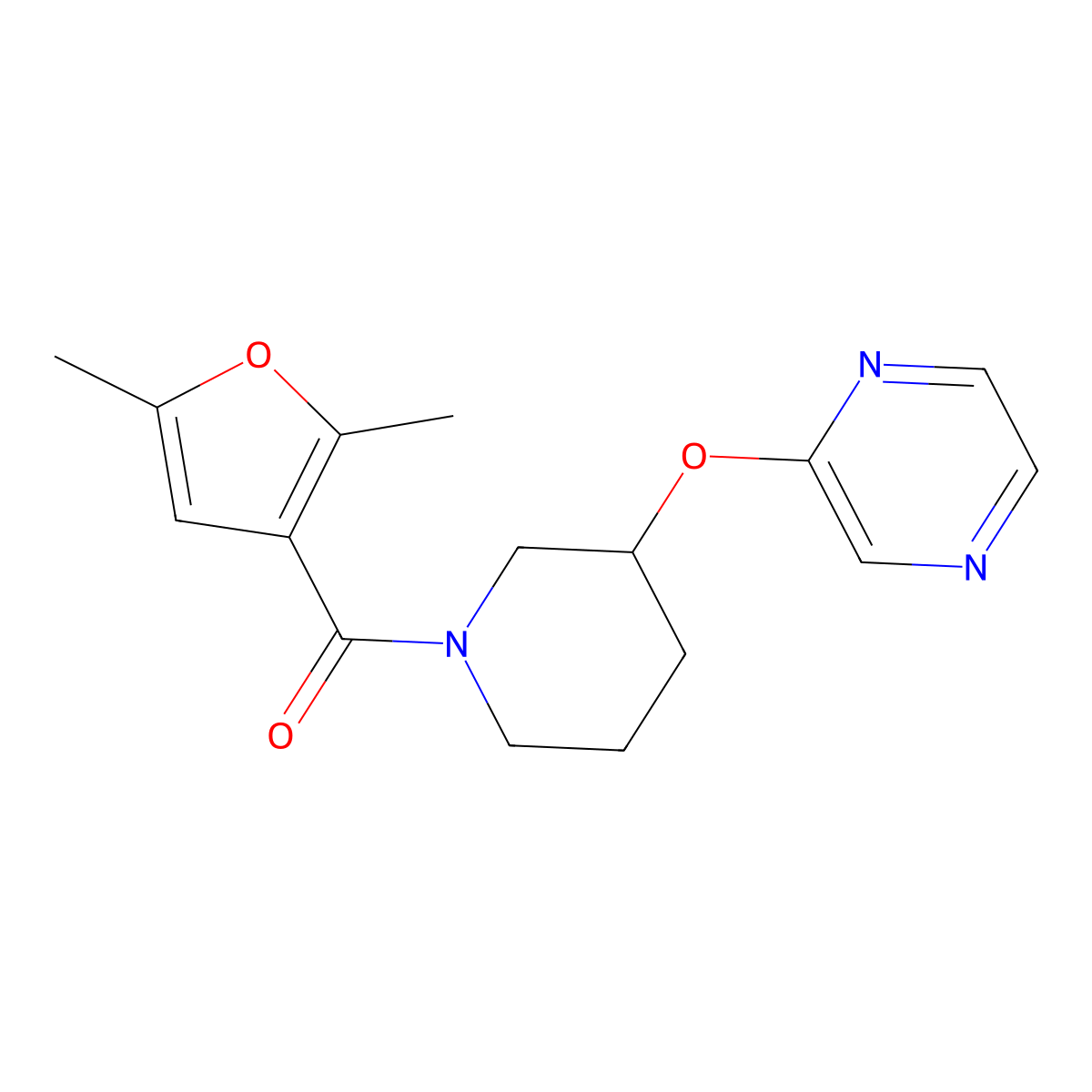(2,5-Dimethylfuran-3-yl)(3-(pyrazin-2-yloxy)piperidin-1-yl)methanone molecular structure, CAS 2034440-86-1