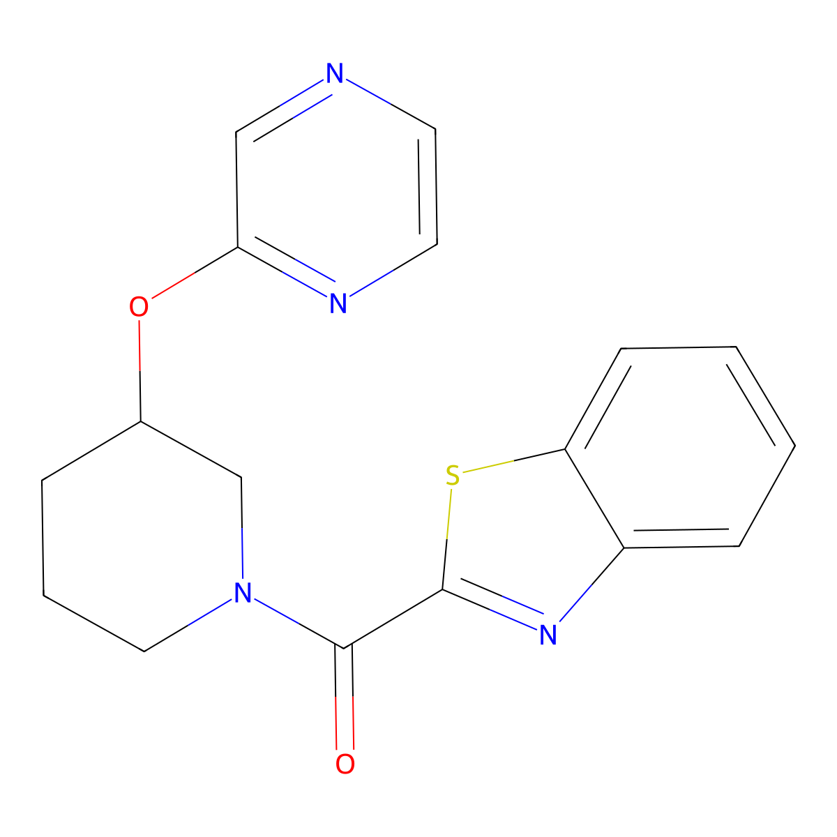 Benzo[d]thiazol-2-yl(3-(pyrazin-2-yloxy)piperidin-1-yl)methanone molecular structure, CAS 2034440-92-9