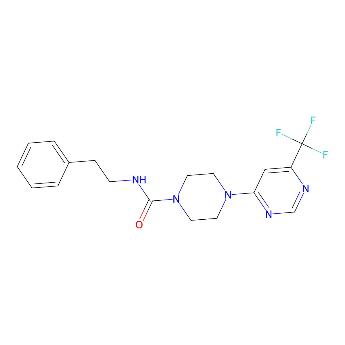 N-phenethyl-4-(6-(trifluoromethyl)pyrimidin-4-yl)piperazine-1-carboxamide molecular structure, CAS 2034441-04-6