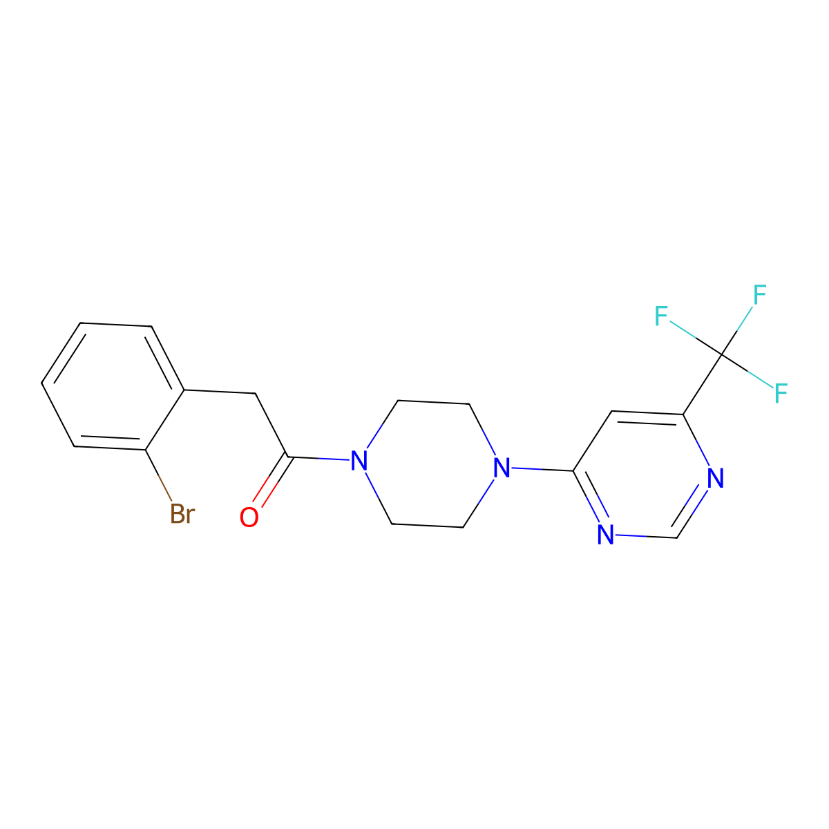2-(2-Bromophenyl)-1-(4-(6-(trifluoromethyl)pyrimidin-4-yl)piperazin-1-yl)ethanone molecular structure, CAS 2034441-23-9