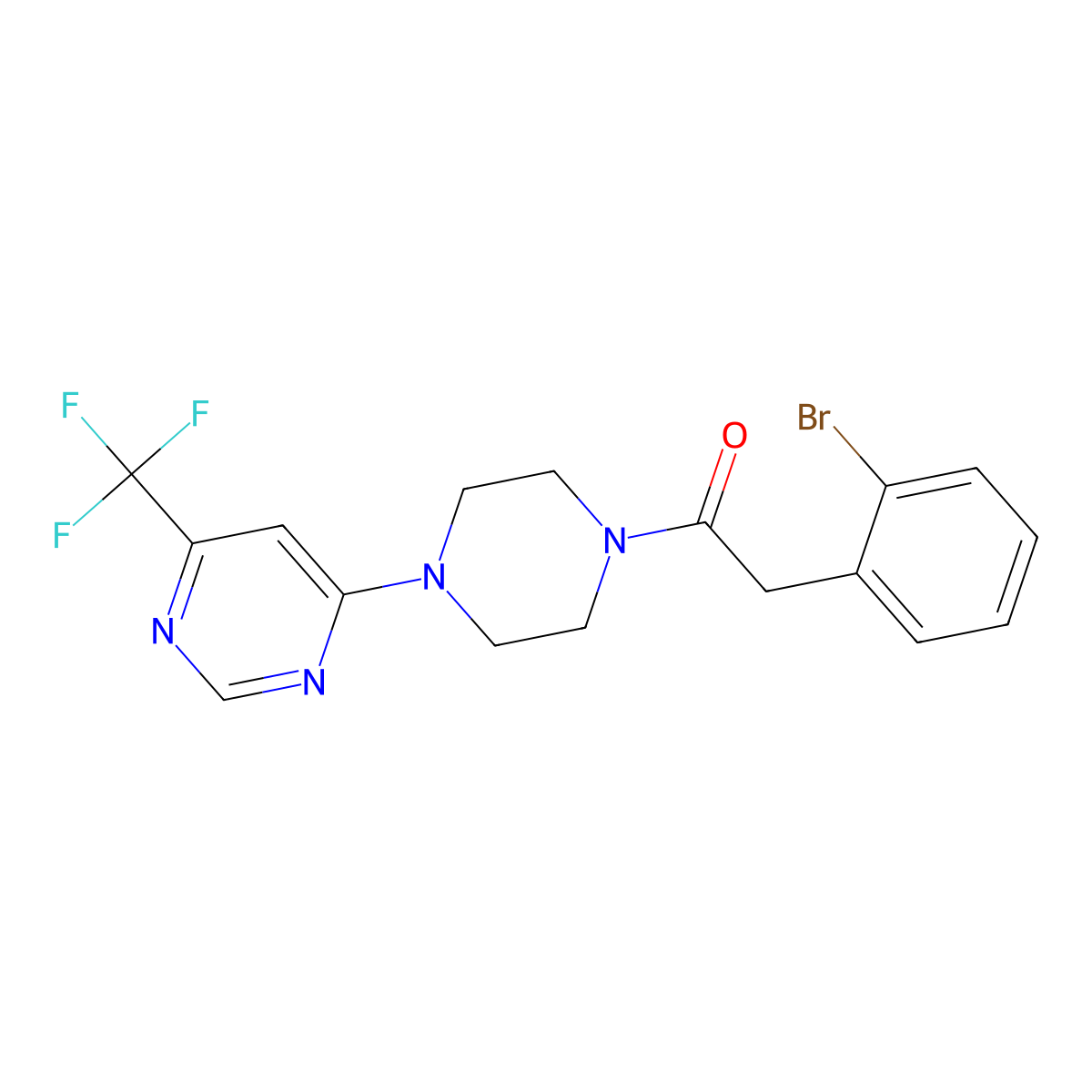 2-(2-Bromophenyl)-1-(4-(6-(trifluoromethyl)pyrimidin-4-yl)piperazin-1-yl)ethanone molecular structure, CAS 2034441-23-9