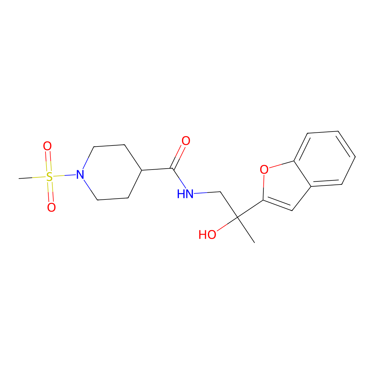 N-(2-(benzofuran-2-yl)-2-hydroxypropyl)-1-(methylsulfonyl)piperidine-4-carboxamide molecular structure, CAS 2034441-27-3