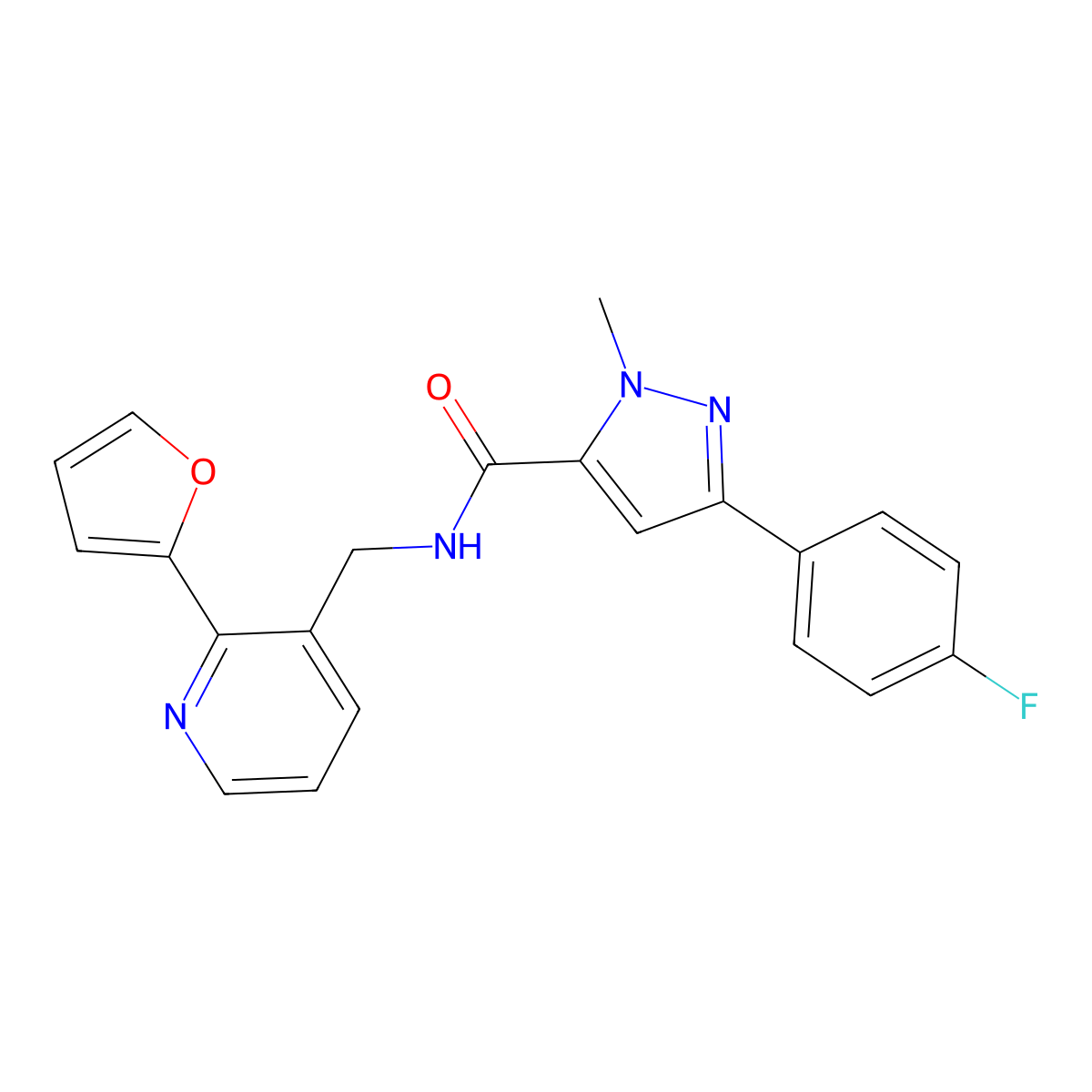 3-(4-fluorophenyl)-N-((2-(furan-2-yl)pyridin-3-yl)methyl)-1-methyl-1H-pyrazole-5-carboxamide molecular structure, CAS 2034441-28-4