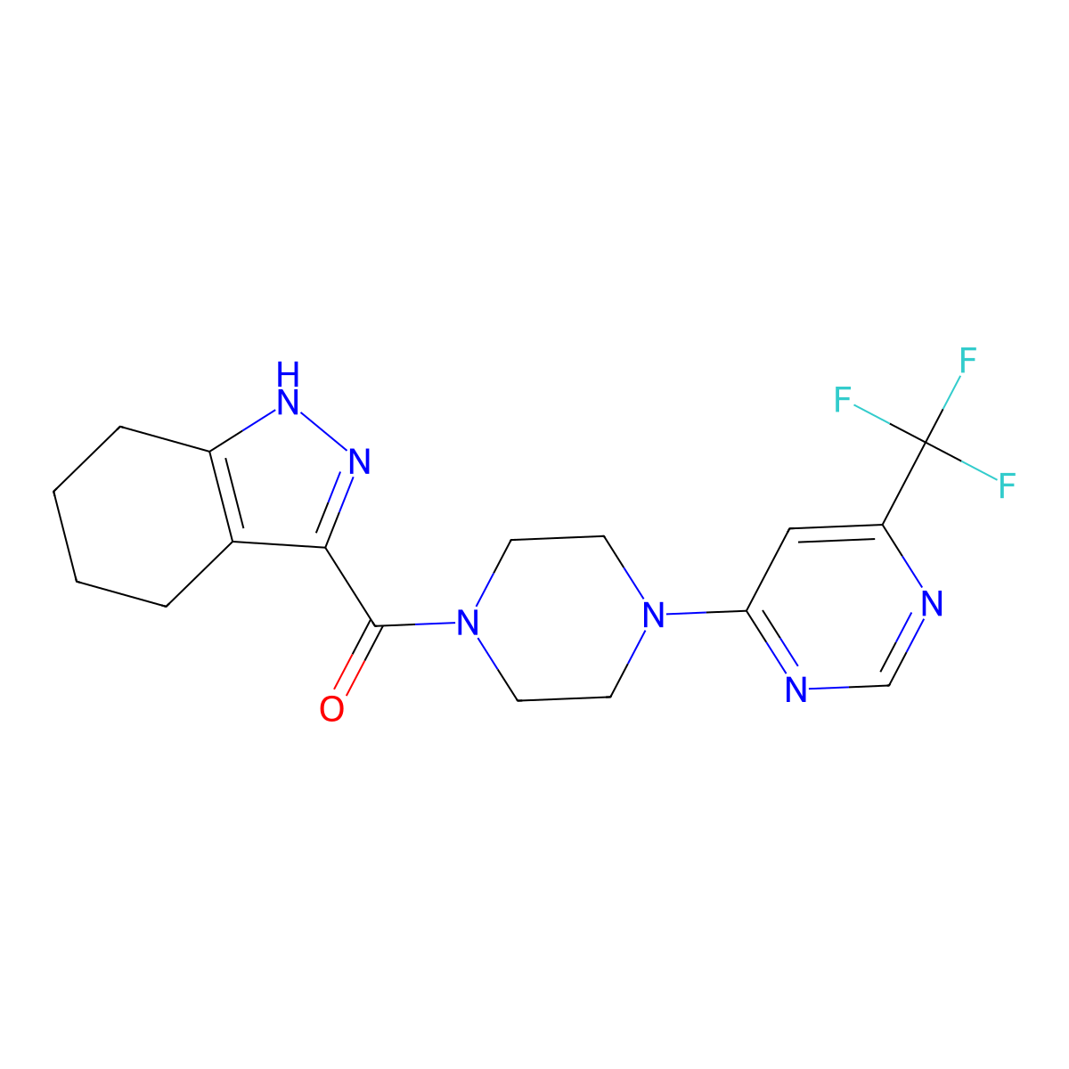(4,5,6,7-tetrahydro-1H-indazol-3-yl)(4-(6-(trifluoromethyl)pyrimidin-4-yl)piperazin-1-yl)methanone molecular structure, CAS 2034441-33-1
