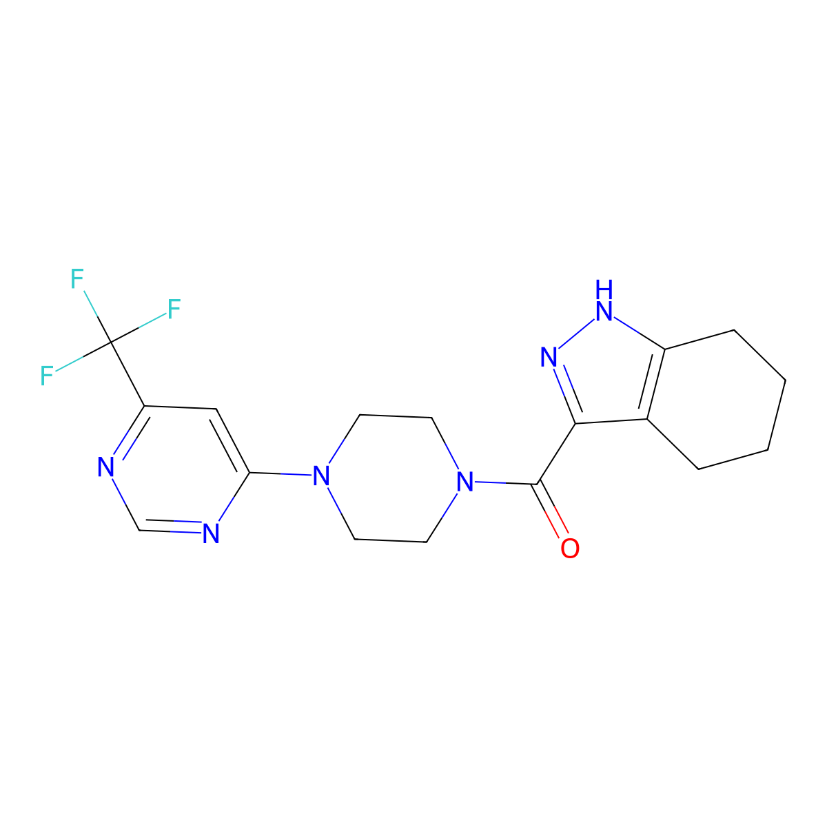 (4,5,6,7-tetrahydro-1H-indazol-3-yl)(4-(6-(trifluoromethyl)pyrimidin-4-yl)piperazin-1-yl)methanone molecular structure, CAS 2034441-33-1