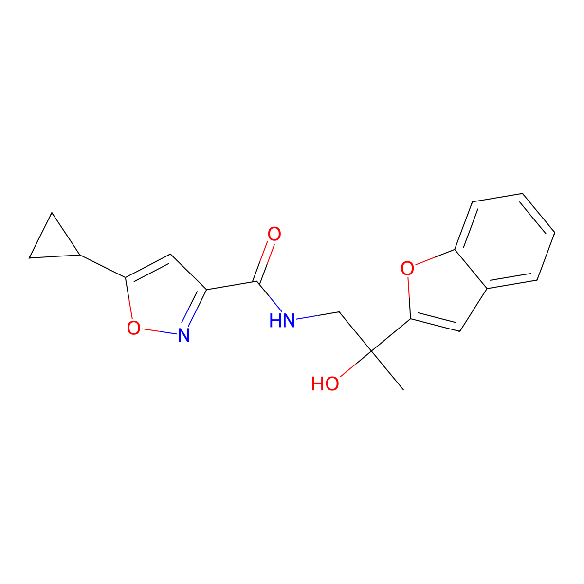 N-(2-(benzofuran-2-yl)-2-hydroxypropyl)-5-cyclopropylisoxazole-3-carboxamide molecular structure, CAS 2034441-41-1