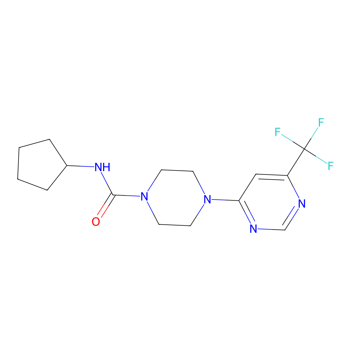 N-cyclopentyl-4-[6-(trifluoromethyl)pyrimidin-4-yl]piperazine-1-carboxamide molecular structure, CAS 2034441-43-3