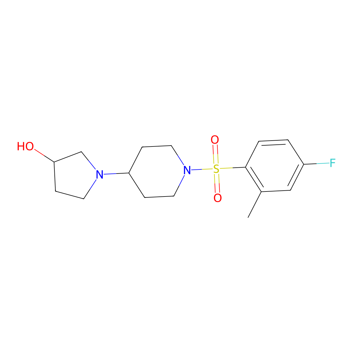 1-(1-((4-Fluoro-2-methylphenyl)sulfonyl)piperidin-4-yl)pyrrolidin-3-ol molecular structure, CAS 2034441-47-7