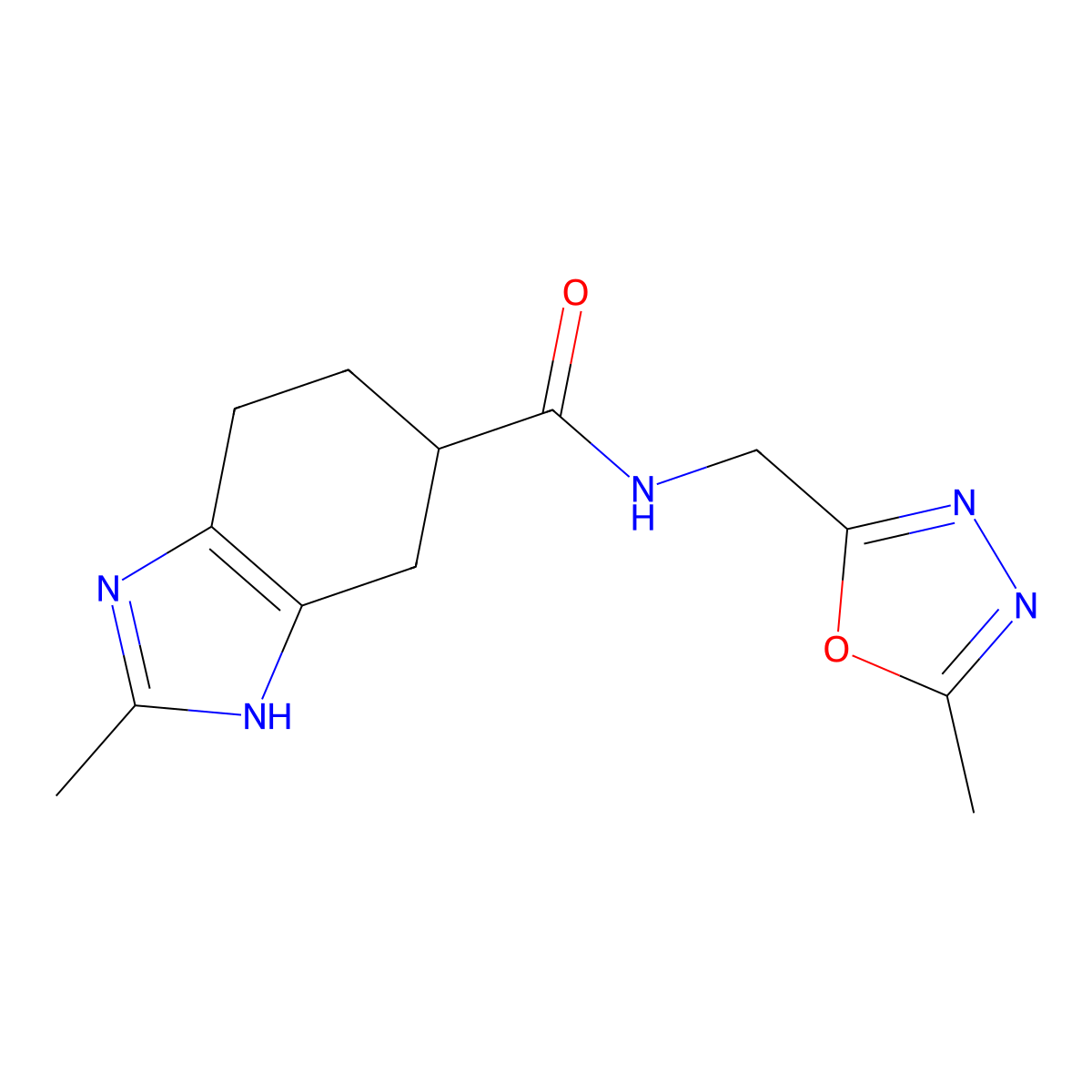 2-methyl-N-((5-methyl-1,3,4-oxadiazol-2-yl)methyl)-4,5,6,7-tetrahydro-1H-benzo[d]imidazole-5-carboxamide molecular structure, CAS 2034441-49-9