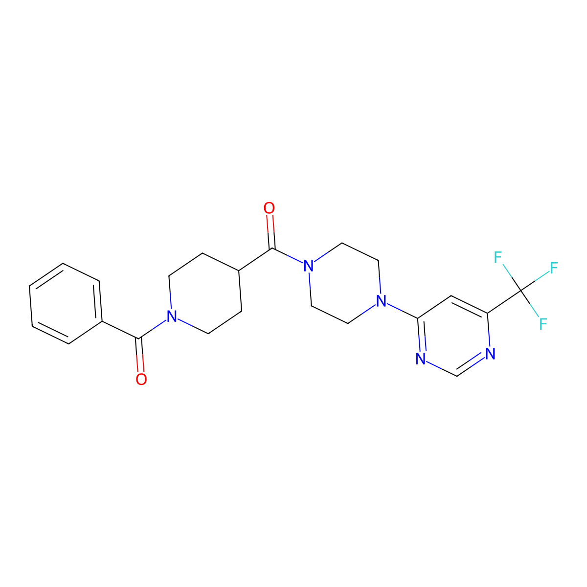 (1-Benzoylpiperidin-4-yl)(4-(6-(trifluoromethyl)pyrimidin-4-yl)piperazin-1-yl)methanone molecular structure, CAS 2034441-65-9