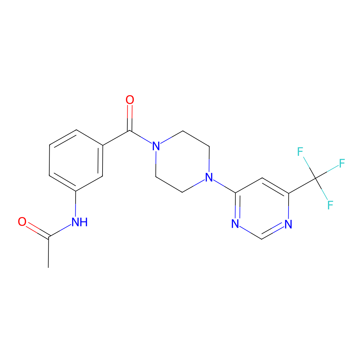 N-(3-(4-(6-(trifluoromethyl)pyrimidin-4-yl)piperazine-1-carbonyl)phenyl)acetamide molecular structure, CAS 2034441-74-0