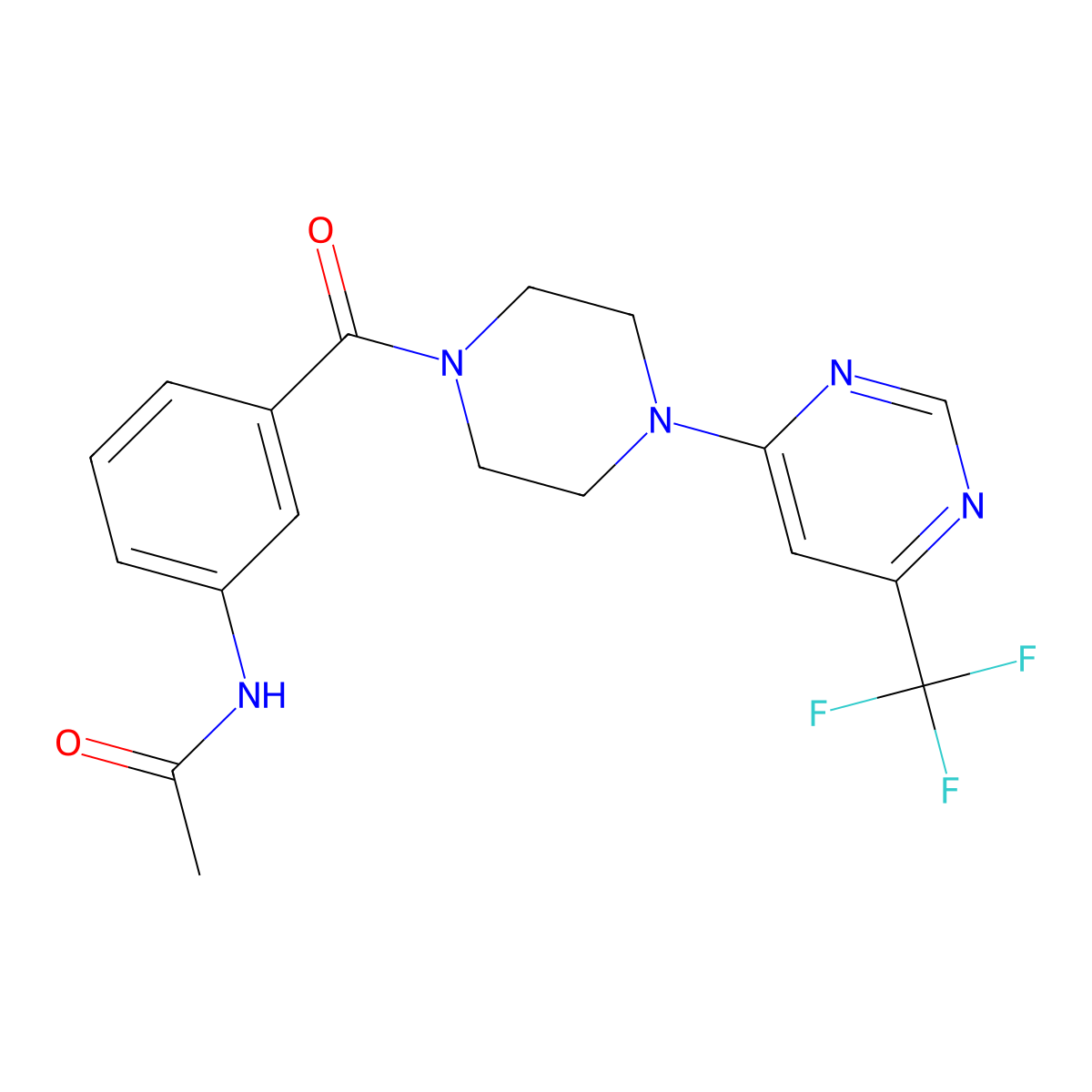 N-(3-(4-(6-(trifluoromethyl)pyrimidin-4-yl)piperazine-1-carbonyl)phenyl)acetamide molecular structure, CAS 2034441-74-0