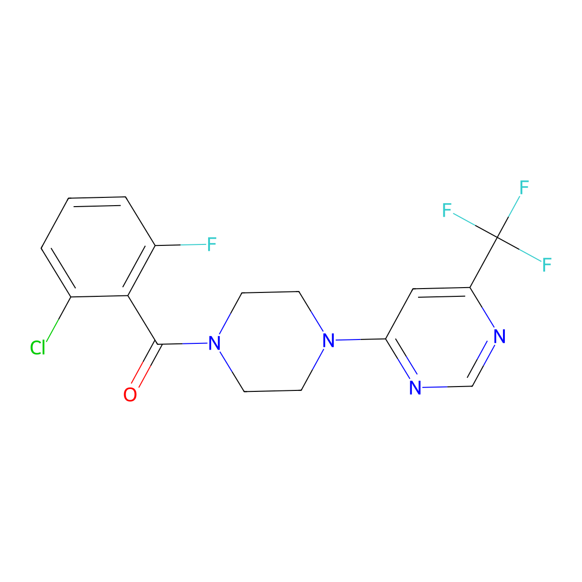 (2-Chloro-6-fluorophenyl)(4-(6-(trifluoromethyl)pyrimidin-4-yl)piperazin-1-yl)methanone molecular structure, CAS 2034441-82-0