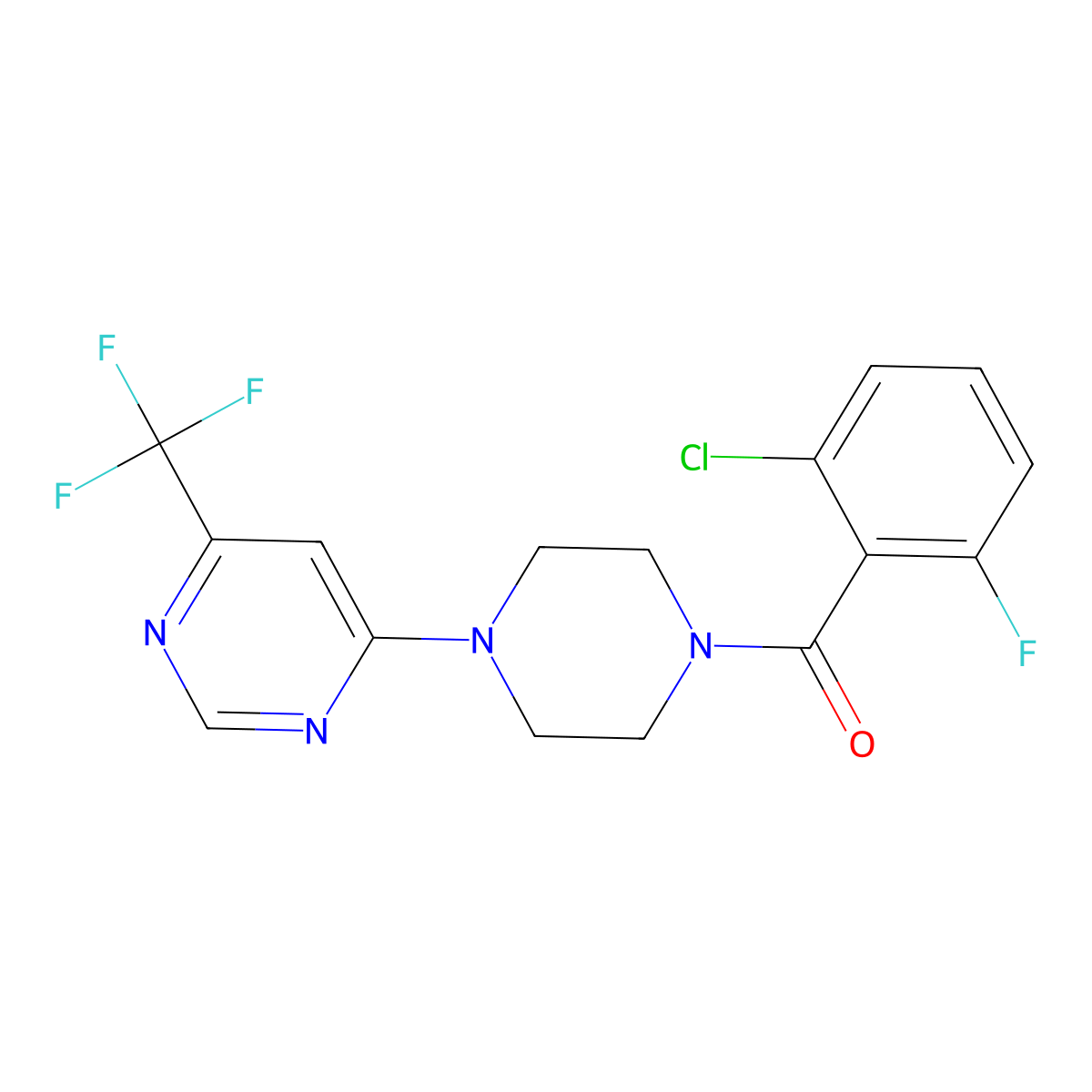 (2-Chloro-6-fluorophenyl)(4-(6-(trifluoromethyl)pyrimidin-4-yl)piperazin-1-yl)methanone molecular structure, CAS 2034441-82-0