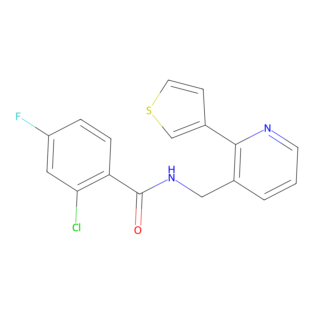 2-chloro-4-fluoro-N-((2-(thiophen-3-yl)pyridin-3-yl)methyl)benzamide molecular structure, CAS 2034441-98-8