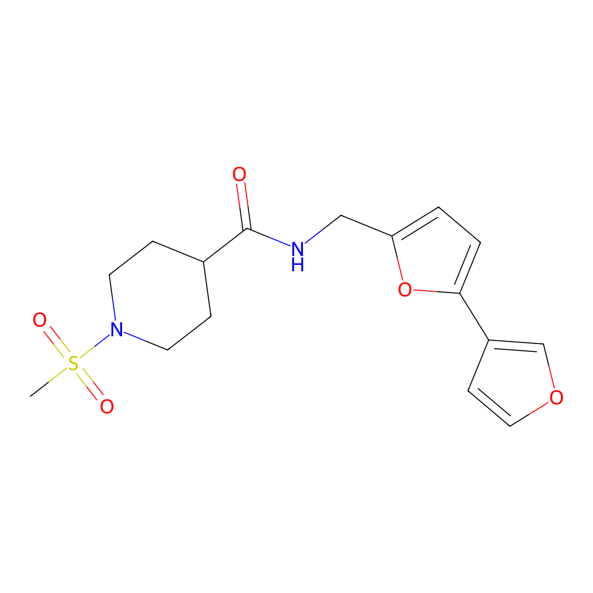N-({[2,3'-bifuran]-5-yl}methyl)-1-methanesulfonylpiperidine-4-carboxamide molecular structure, CAS 2034442-10-7