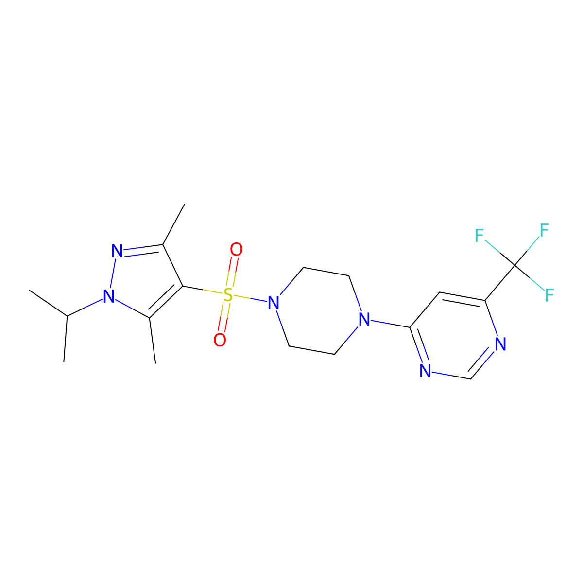 4-(4-((1-isopropyl-3,5-dimethyl-1H-pyrazol-4-yl)sulfonyl)piperazin-1-yl)-6-(trifluoromethyl)pyrimidine molecular structure, CAS 2034442-12-9