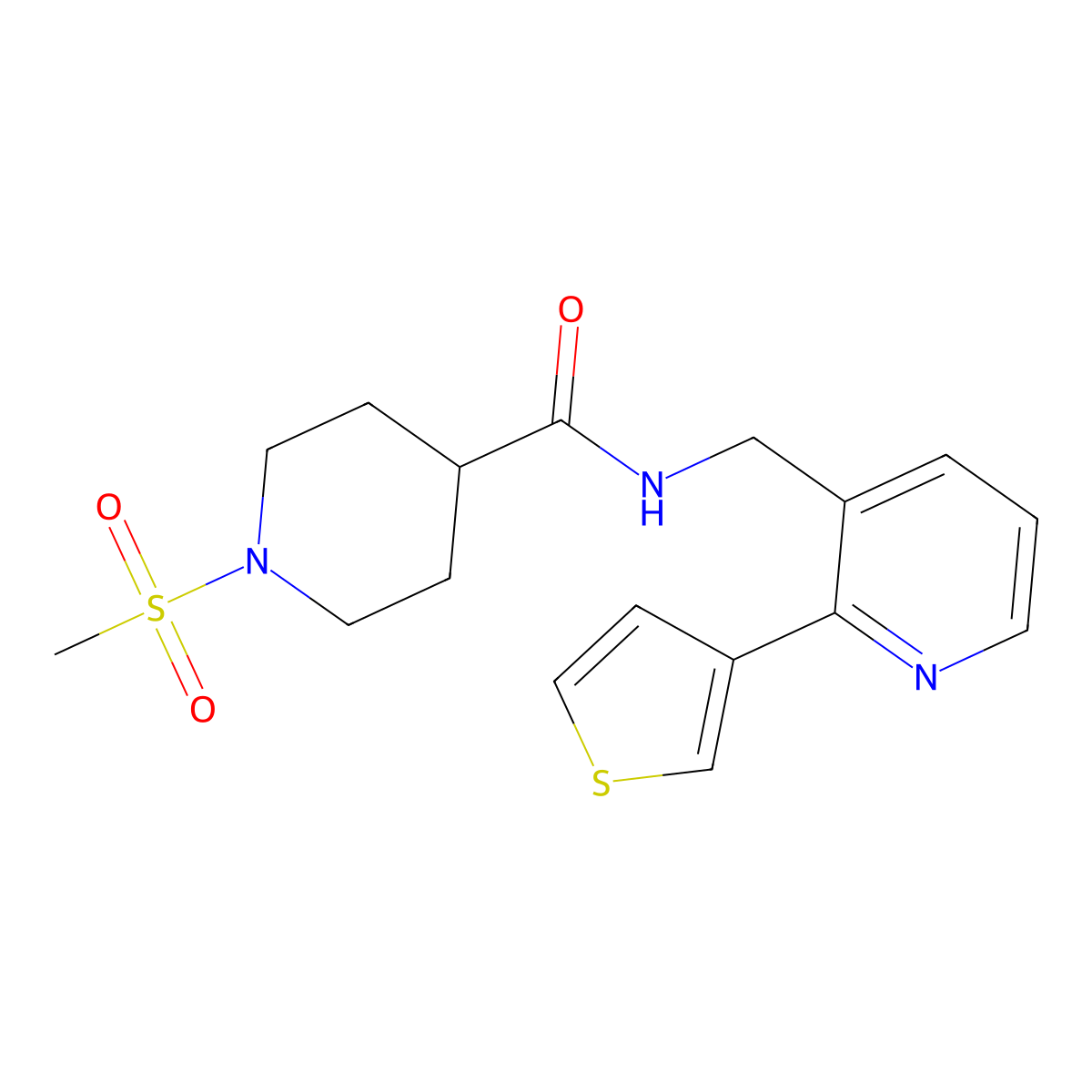 1-(methylsulfonyl)-N-((2-(thiophen-3-yl)pyridin-3-yl)methyl)piperidine-4-carboxamide molecular structure, CAS 2034442-18-5
