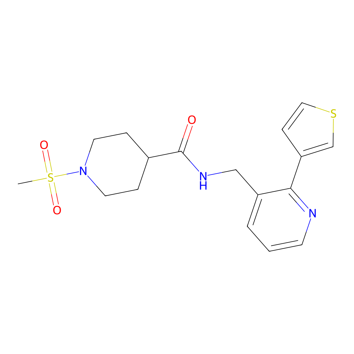 1-(methylsulfonyl)-N-((2-(thiophen-3-yl)pyridin-3-yl)methyl)piperidine-4-carboxamide molecular structure, CAS 2034442-18-5
