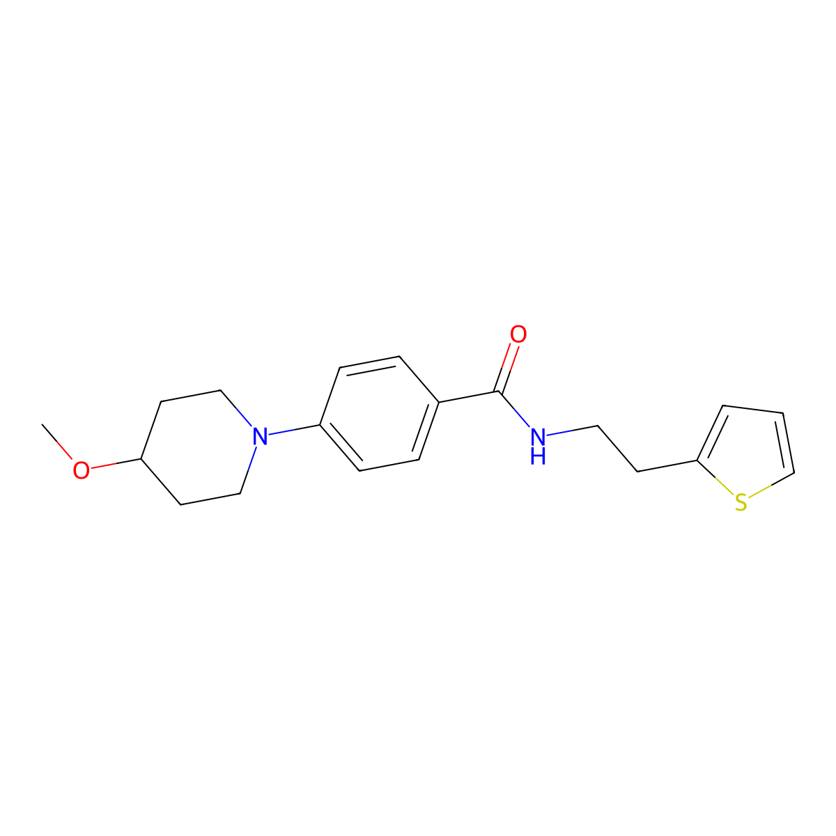 4-(4-methoxypiperidin-1-yl)-N-(2-(thiophen-2-yl)ethyl)benzamide molecular structure, CAS 2034442-21-0