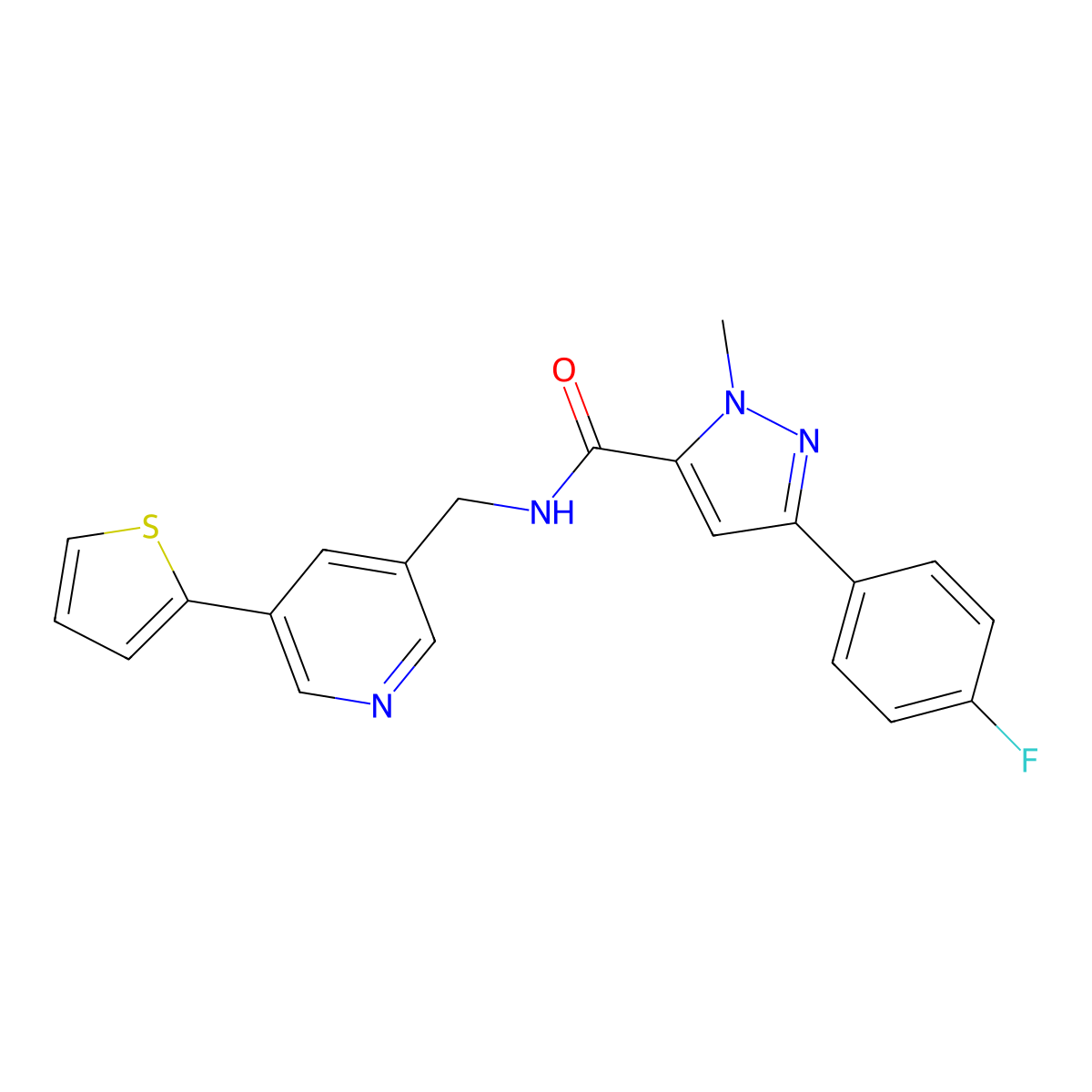 3-(4-fluorophenyl)-1-methyl-N-{[5-(thiophen-2-yl)pyridin-3-yl]methyl}-1H-pyrazole-5-carboxamide molecular structure, CAS 2034442-29-8