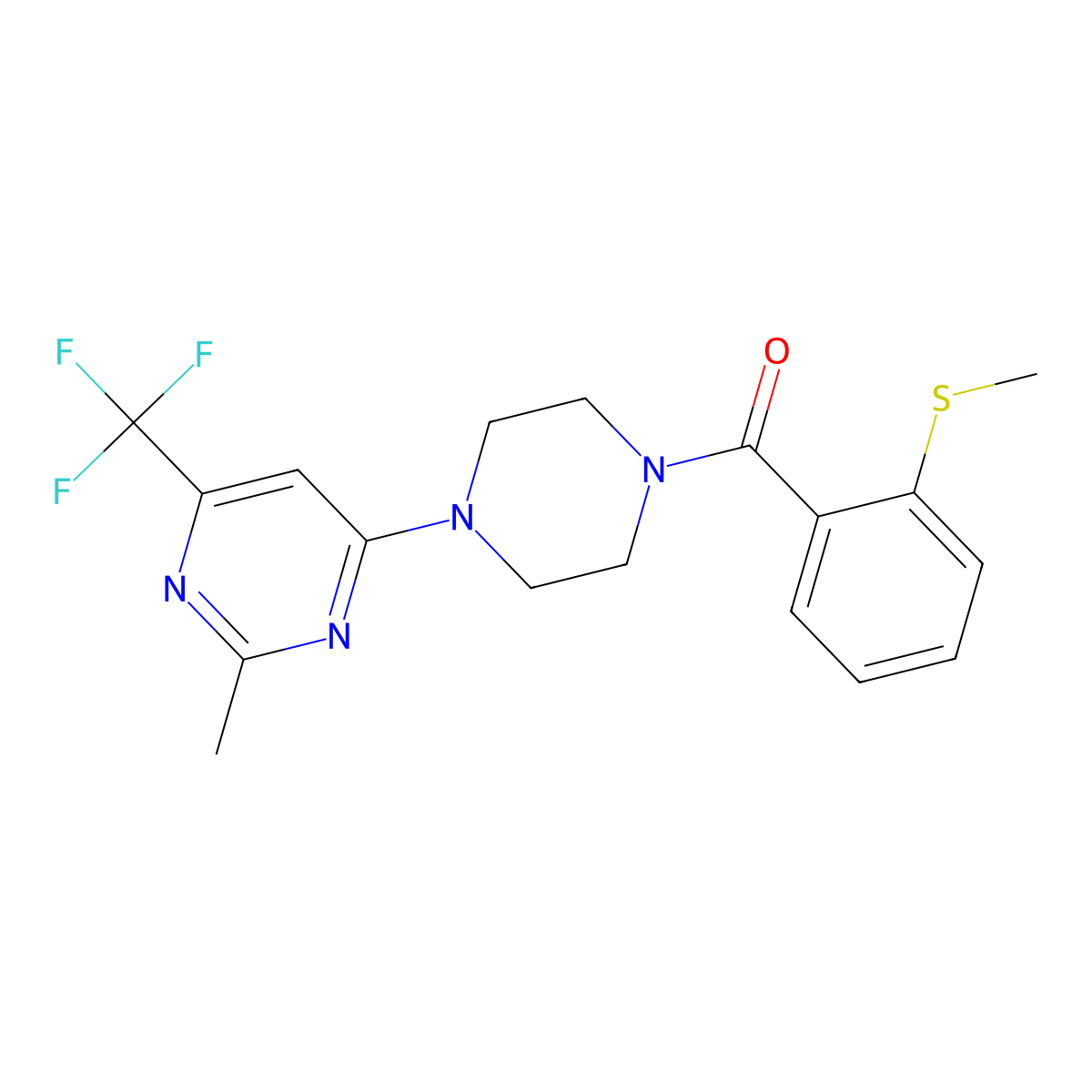 (4-(2-Methyl-6-(trifluoromethyl)pyrimidin-4-yl)piperazin-1-yl)(2-(methylthio)phenyl)methanone molecular structure, CAS 2034442-35-6