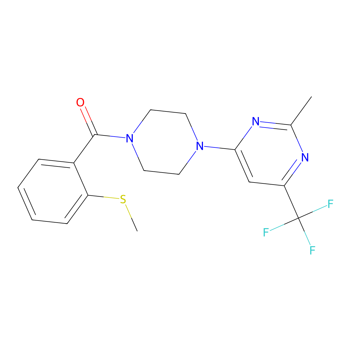 (4-(2-Methyl-6-(trifluoromethyl)pyrimidin-4-yl)piperazin-1-yl)(2-(methylthio)phenyl)methanone molecular structure, CAS 2034442-35-6