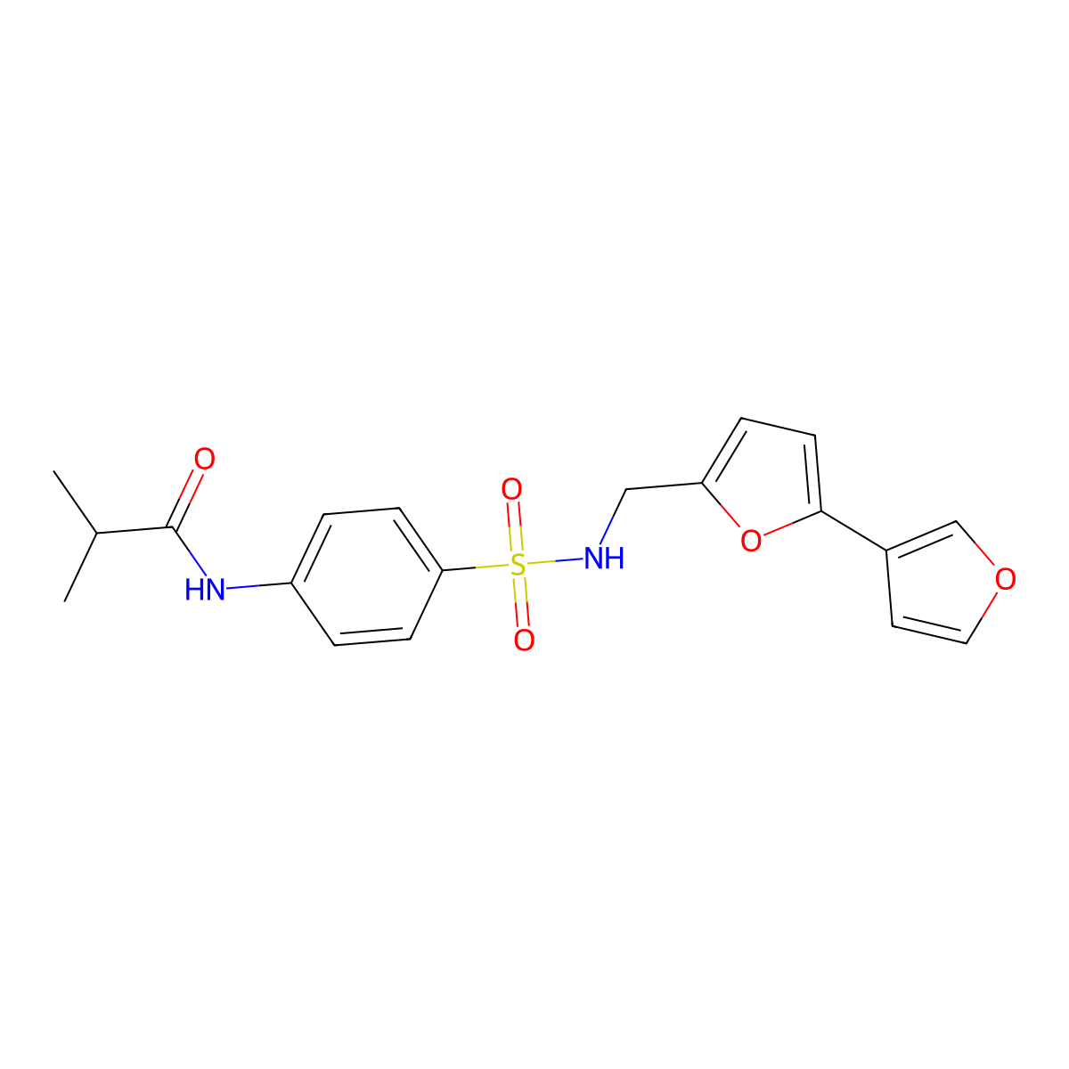 N-(4-(N-([2,3'-bifuran]-5-ylmethyl)sulfamoyl)phenyl)isobutyramide molecular structure, CAS 2034442-41-4